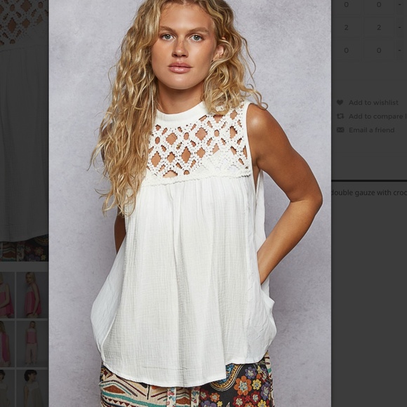 POL “ Marcy “ POL Sleeveless Top in Double Gauze and Crochet Detail  SR42 - Picture 1 of 4